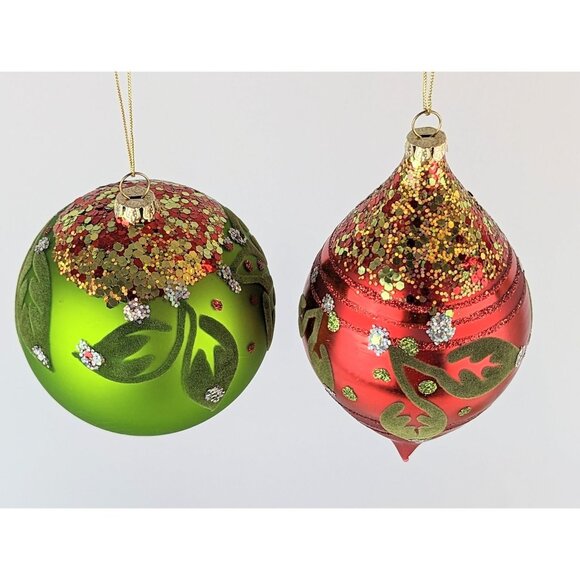 Pair Red and Green Glittery Glass Christmas Ornaments Round Ball Teardrop Felted - Picture 6 of 10